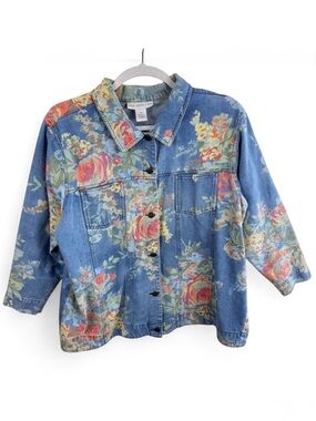Susan Graver Style Vinatge Floral Denim Jacket Womens 2X Blue Cotton Long Sleeve